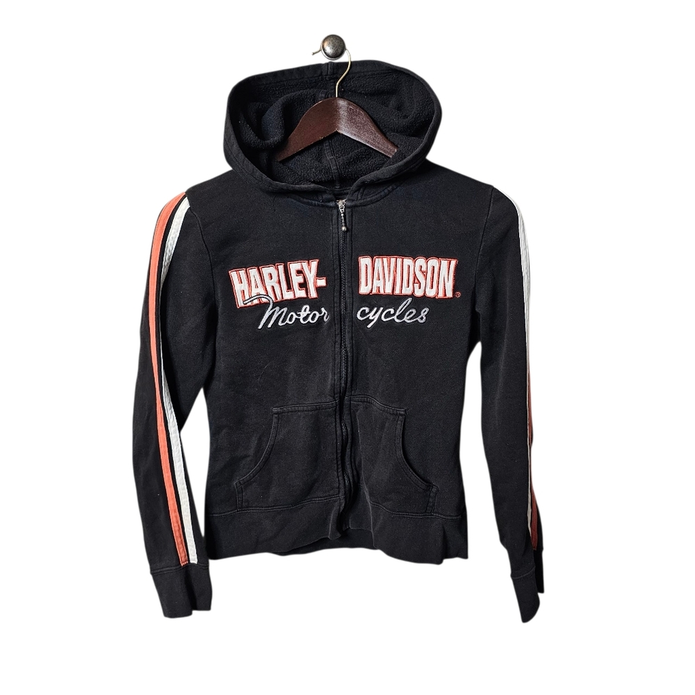 Harley-Davidson "Motorcycles" Full Zip Hoodie Sweatshirt - Black with Orange - Picture 2 of 5